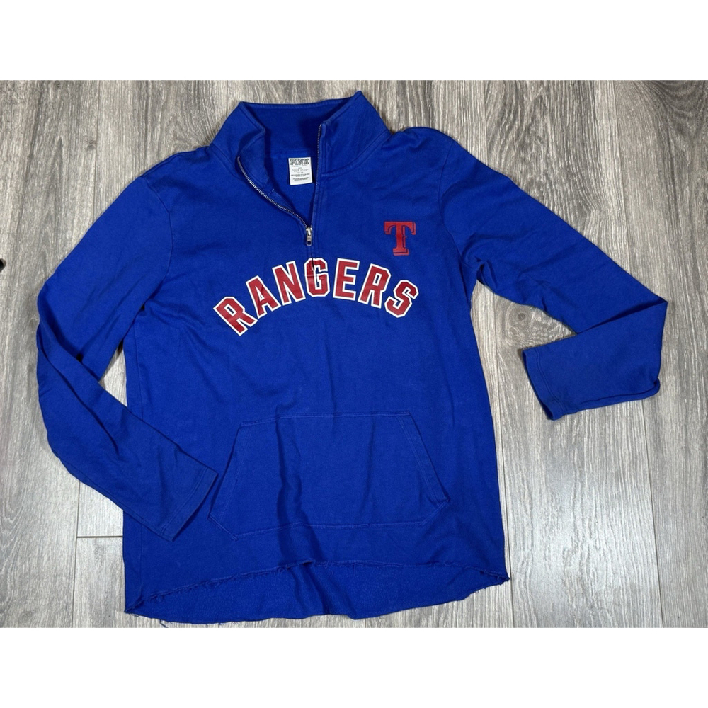 Victoria’s Secret Pink 1/4 Zip Blue Pullover Womens Medium Pocket Stealing Bases - Picture 2 of 5